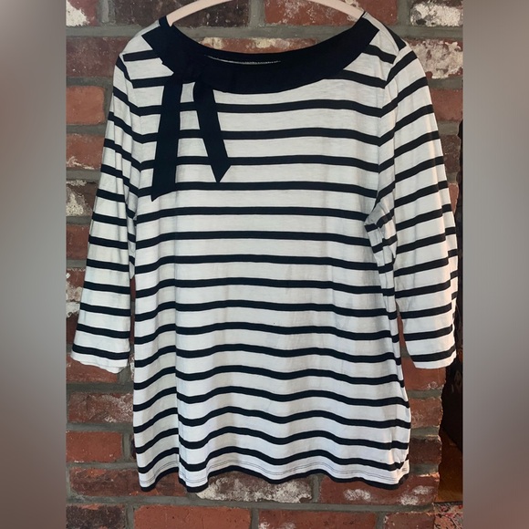 LOFT Navy & White Striped Shirt with Navy Bow Siz xl - Picture 2 of 4